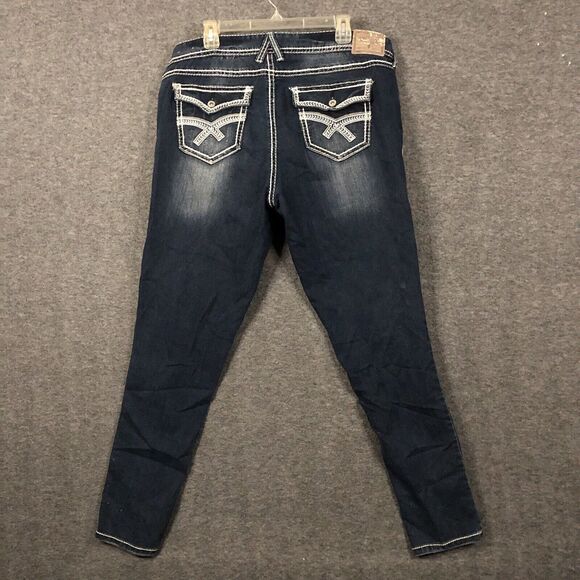 Amethyst Regina Jeans Womens 10 Skinny Dark-Wash 40x31 Whiskered Embroidered - Picture 3 of 11
